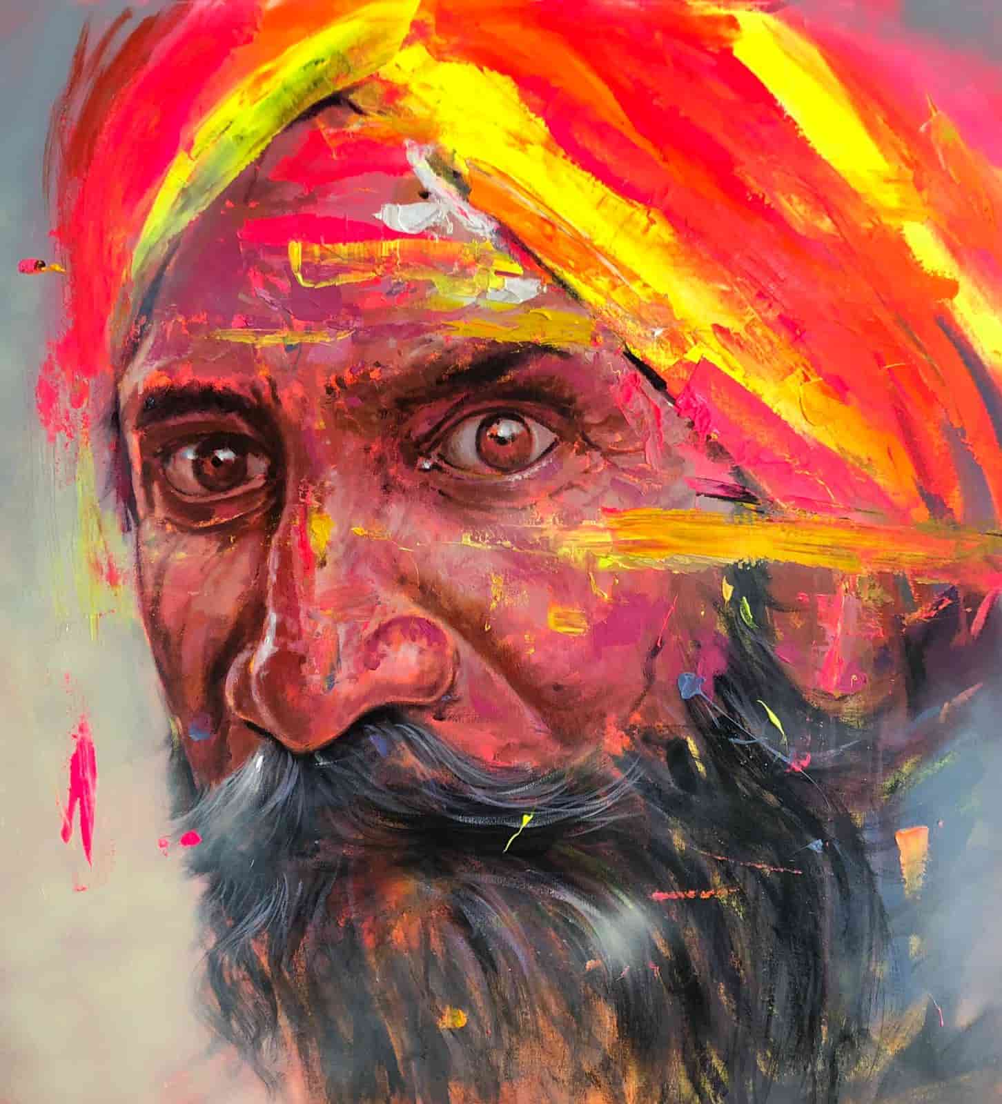 Pintura sobre lienzo de hombre con gorro rojo