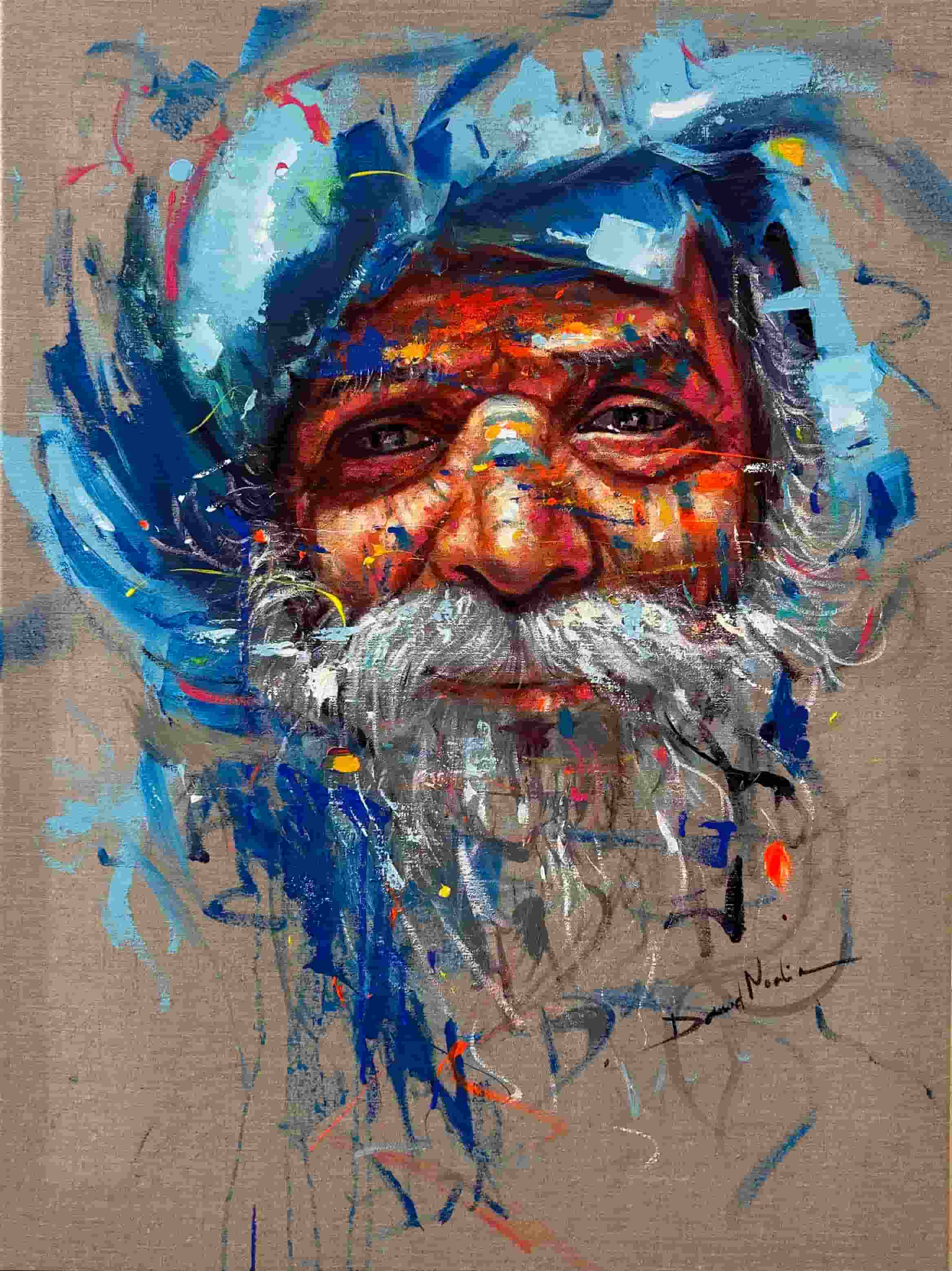 Cuadro sobre lienzo de anciano con gorro azul